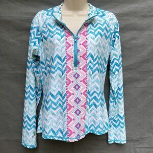 Aqua Et Sol Size Large Swim Suit Top Rash Guard Long Sleeves Blue Pink Zig Zag